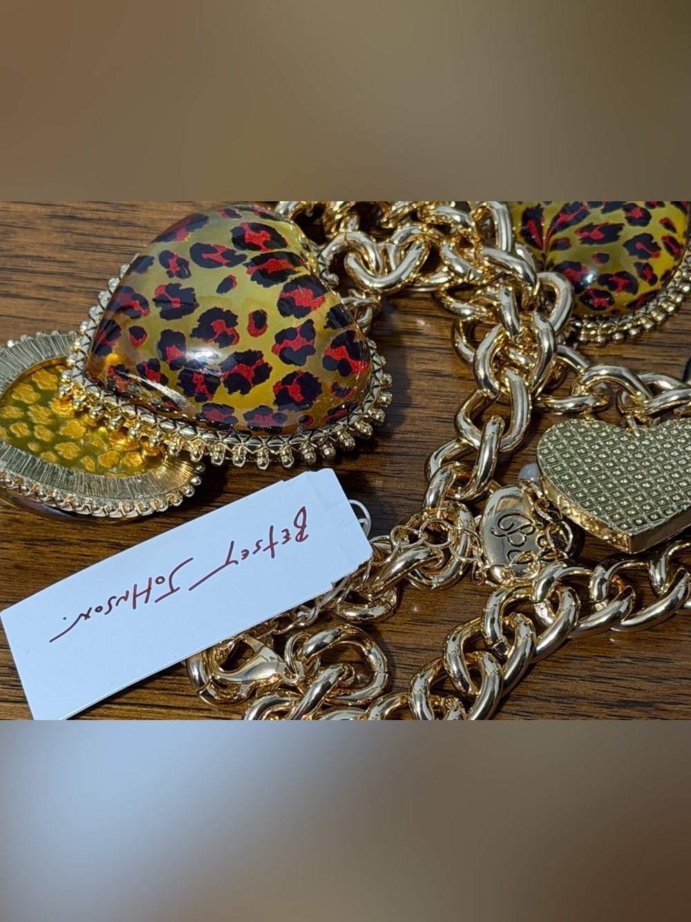 Betsey Johnson Gold Chain Necklace with Leopard-Print Heart Pendant